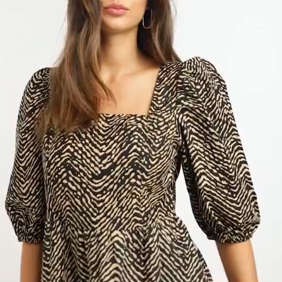♦️SOLD♦️ Mango Puff Sleeve Midi Dress Abstract Animal Print Black & Tan Size 10 - Picture 5 of 13